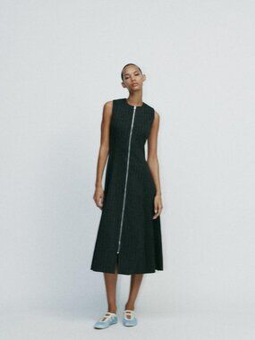 Zara Pinstripe Midi Dress Gray Beige Size Large NWT Sleeveless Front Zip Closure